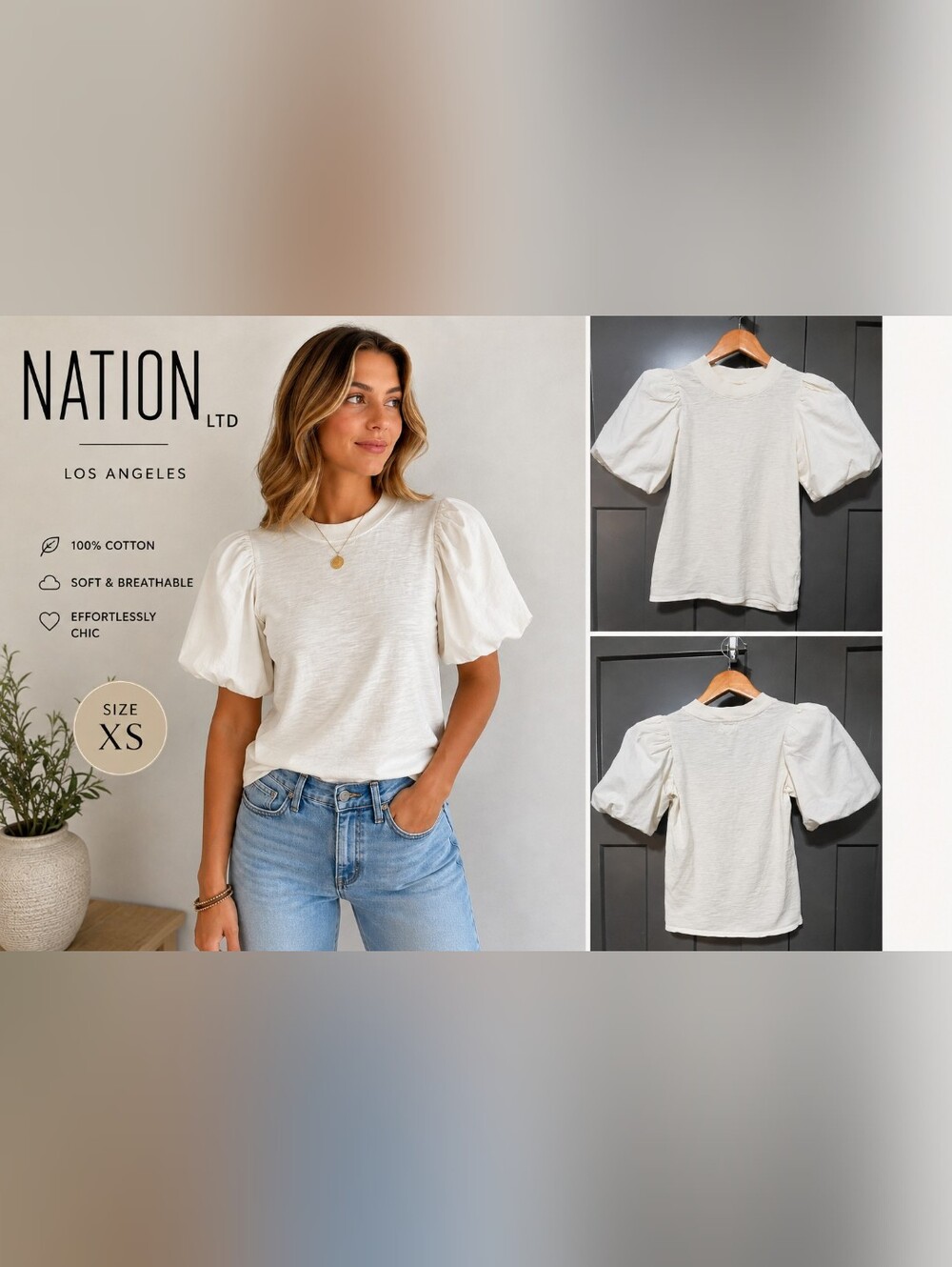 Nation LTD Ivory Puff Sleeve Cotton Tee XS Made in Peru